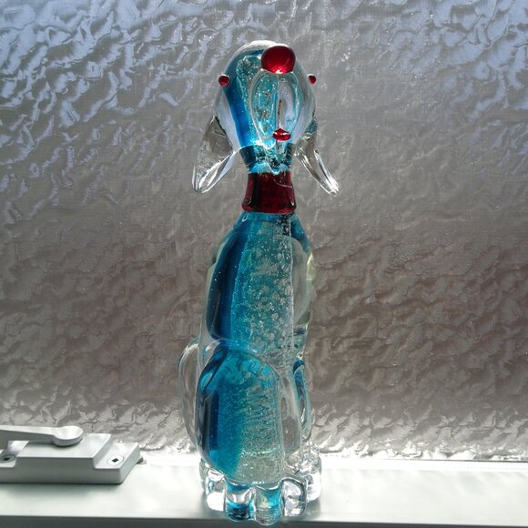 8" Vintage Murano Blue and Clear Glass Dog with Silver Flakes and Red Nose - Picture 12 of 16